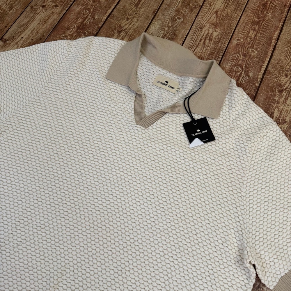 The Normal Brand Dotiles Knit Jacquard Polo Mens 2XL Khaki Textured Short Sleeve